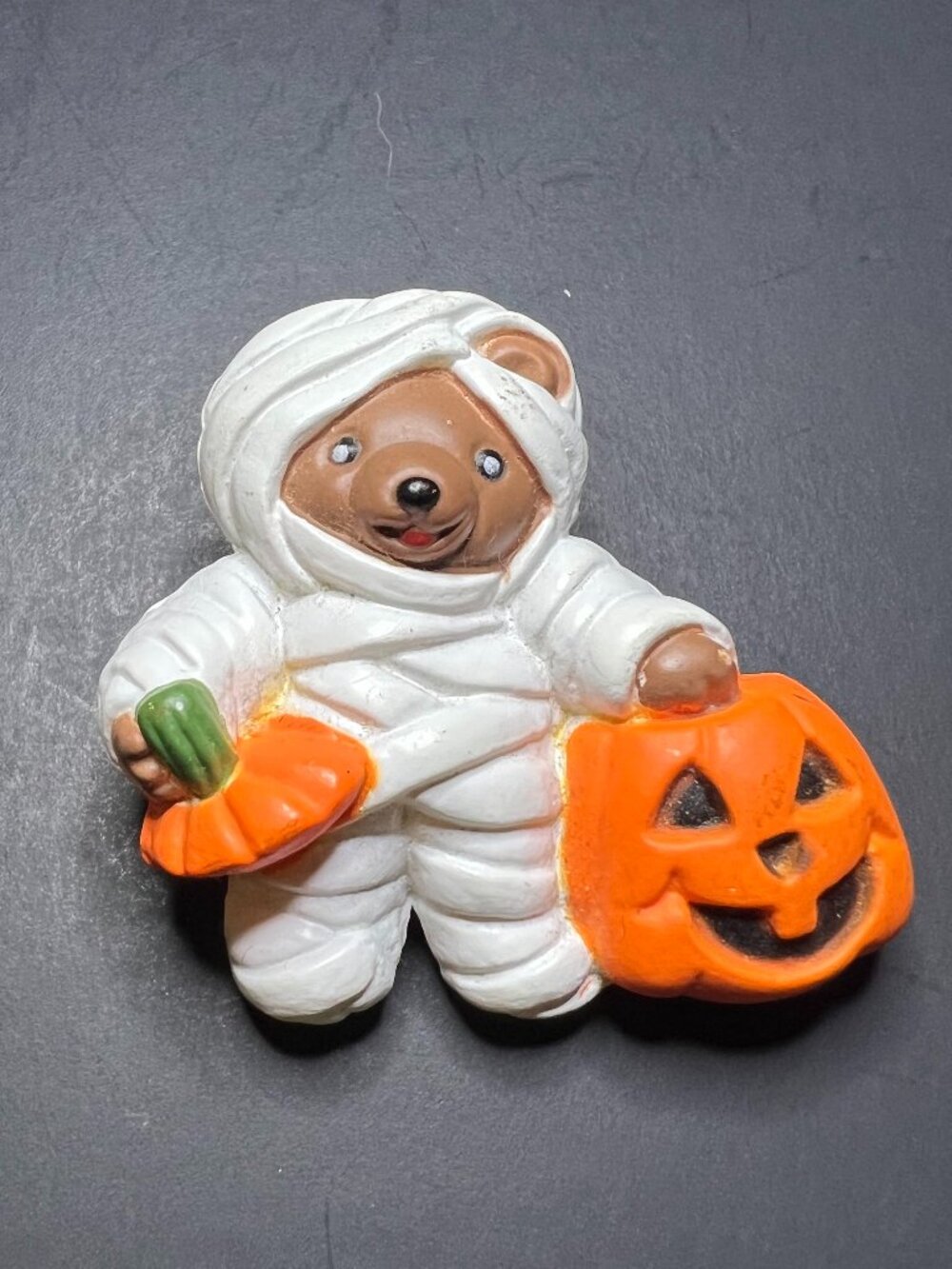 Vintage 1980s Easter Unlimited Halloween Mummy Teddy Bear w/ Pumpkin Pin Brooch